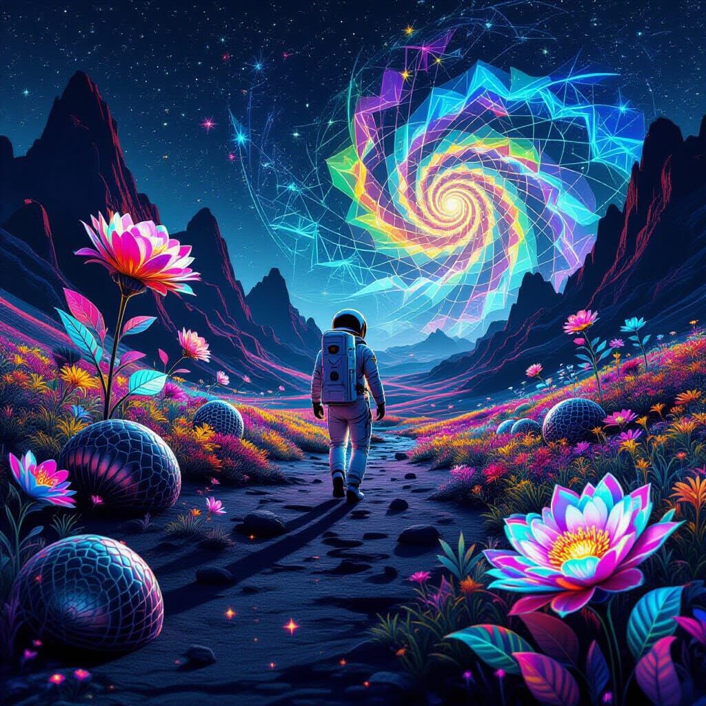 Astronaut on Surreal Alien World with Fibonacci Flora