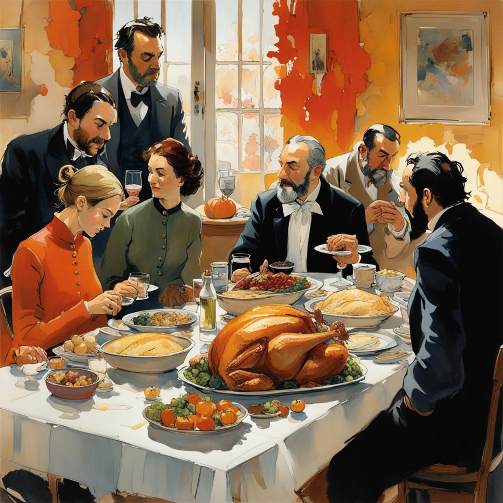 Thanksgiving Feast in Pointillist Expressionist Style