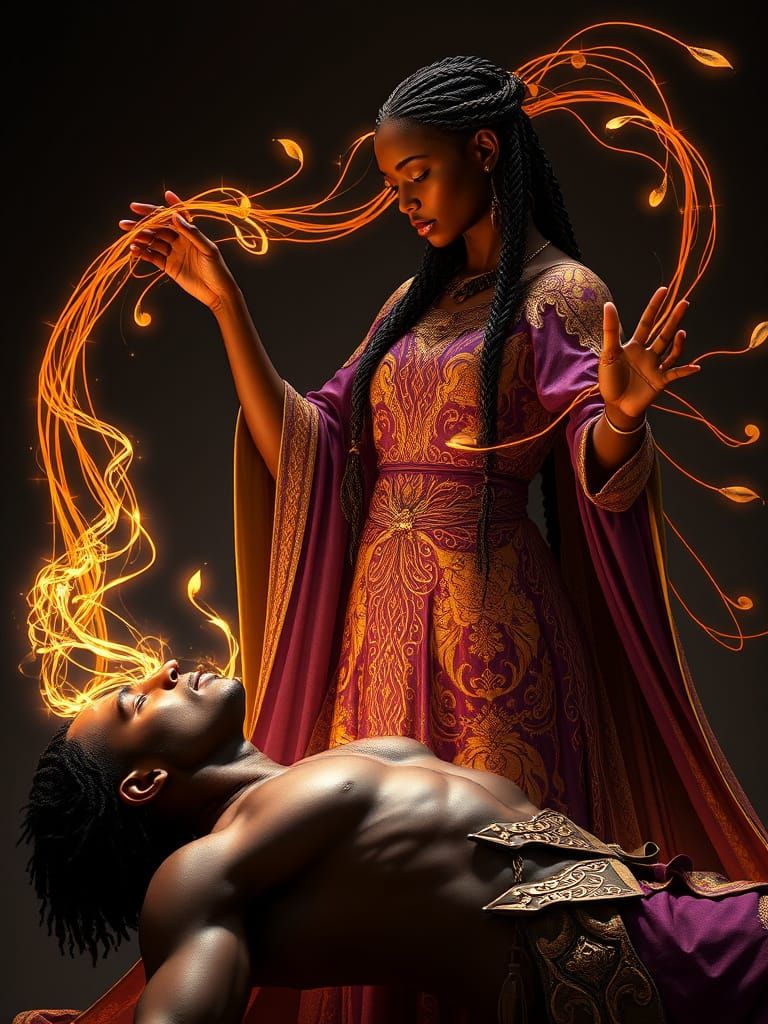 Dark Fantasy Aes Sedai Heals Warrior in Majestic Art Nouveau...