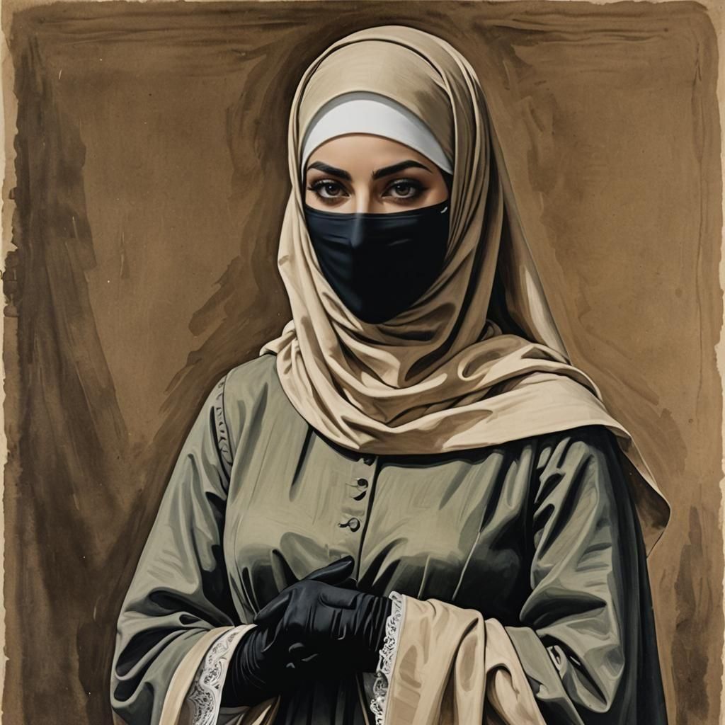 Niqabi Woman Portrait in Gouache Ink Print Style
