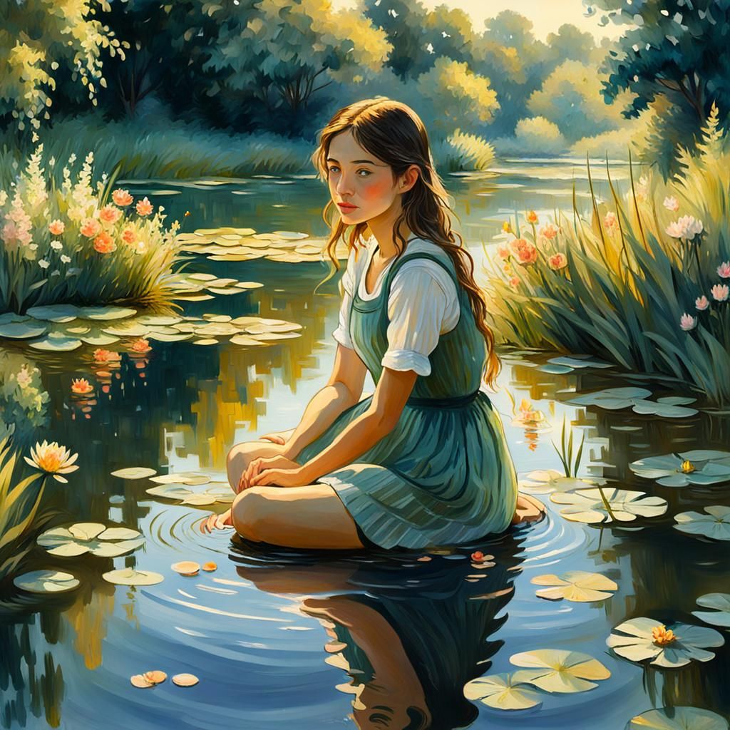 Girl by Pond in Impressionist Style