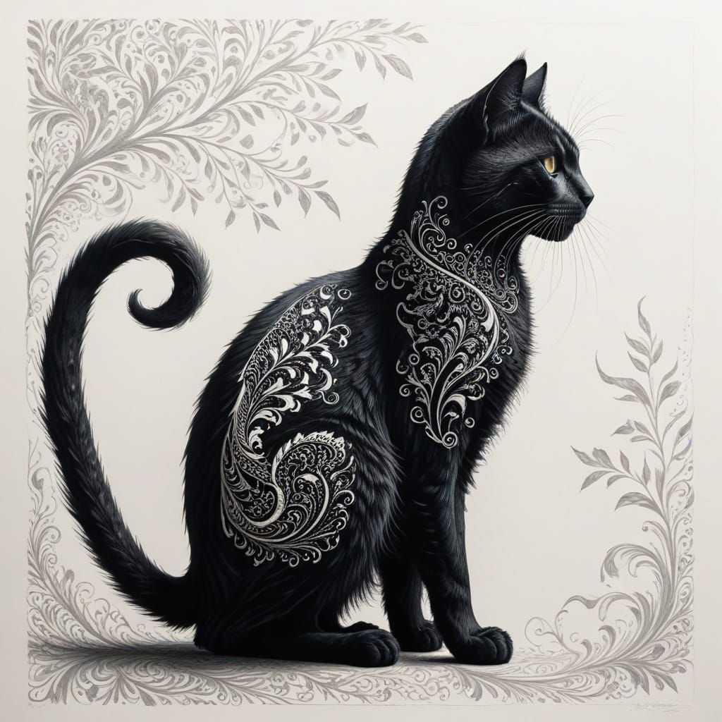 Elegant Black Cat Silhouette Charcoal Drawing