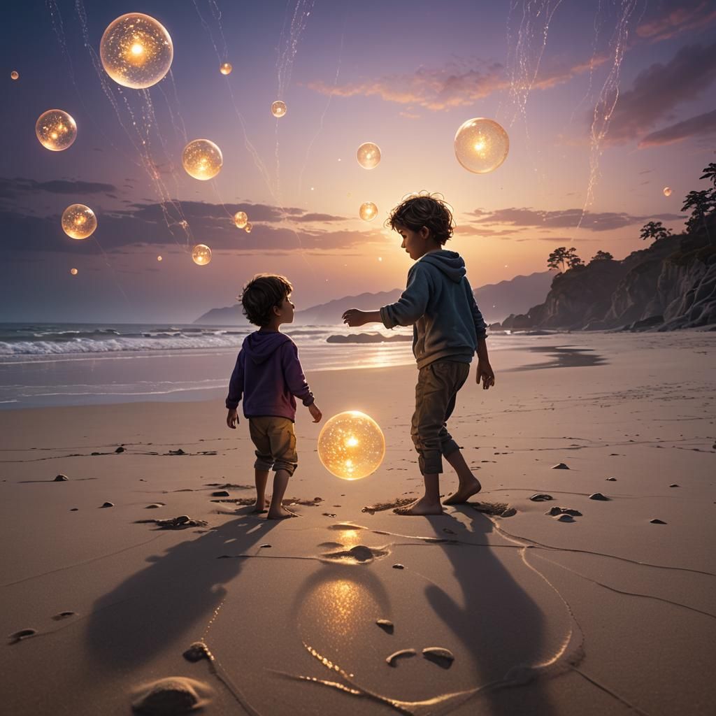 Boy with Glowing Orbs on Misty Sunset Beach
