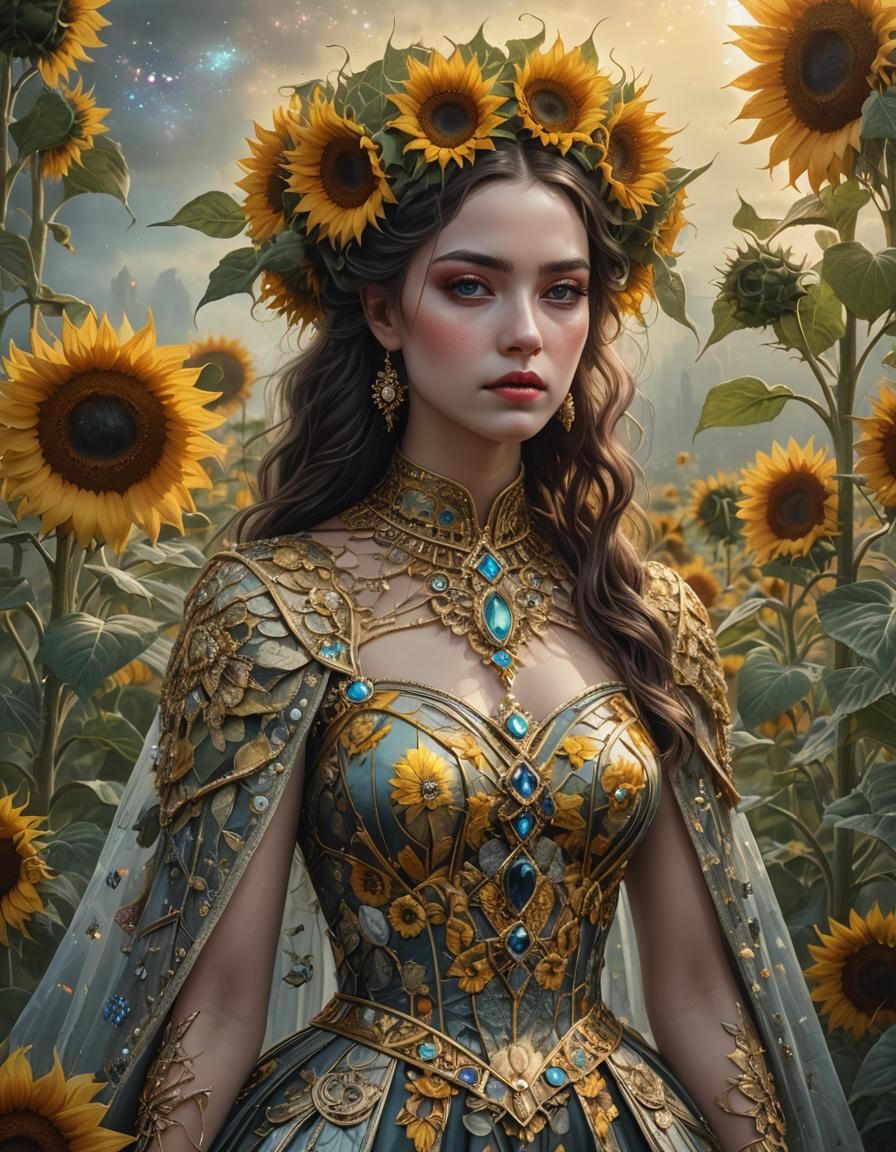 Sunflower Queen in Hyper-Detailed Digital Illustration