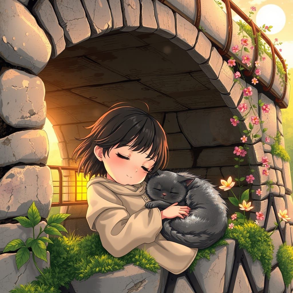 Hopeful Girl Sleeps Under Bridge with Loyal Cat