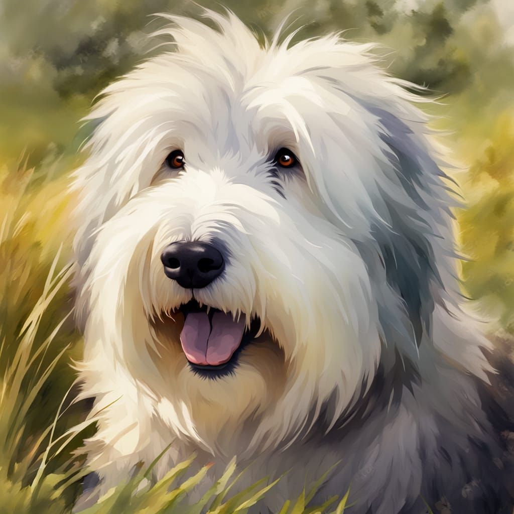 Fluffy Old English Sheepdog in Watercolor Style