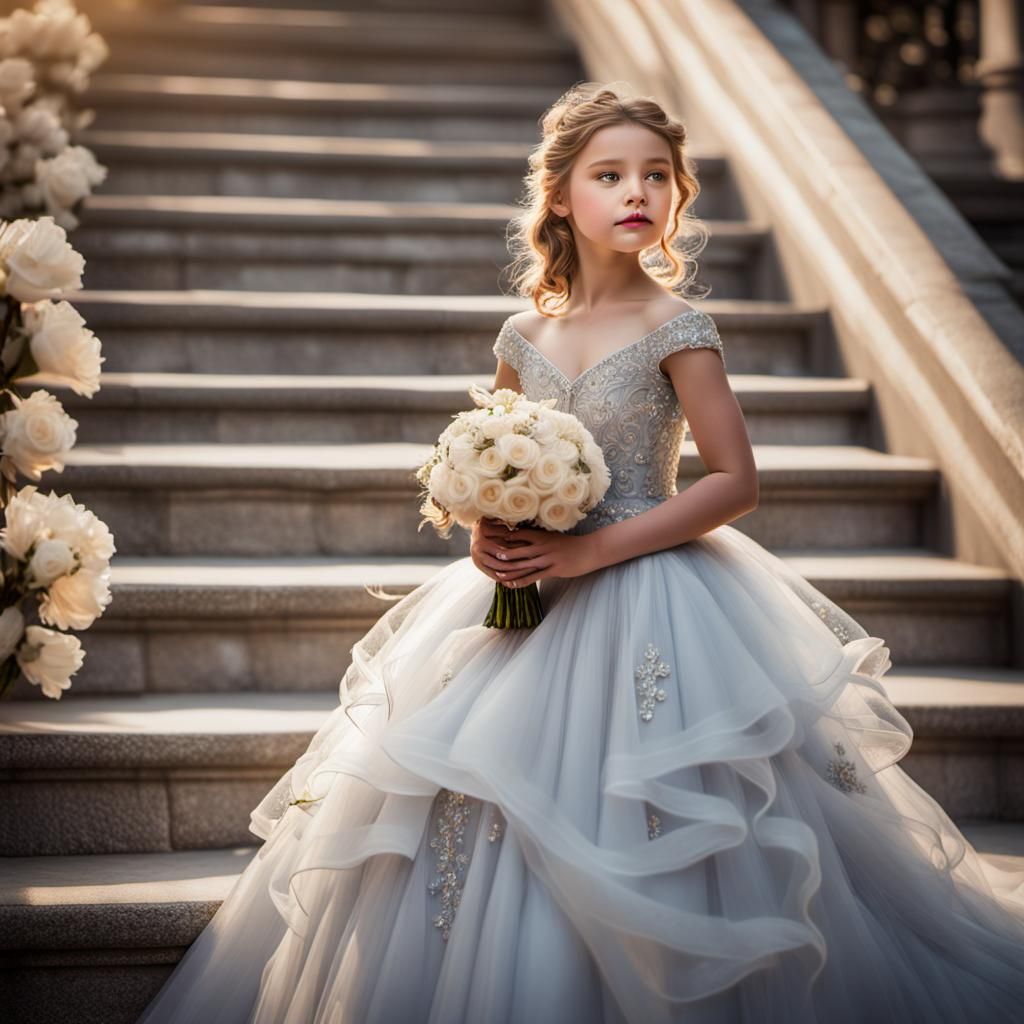 Ethereal Girl in Gown on Staircase in 24K