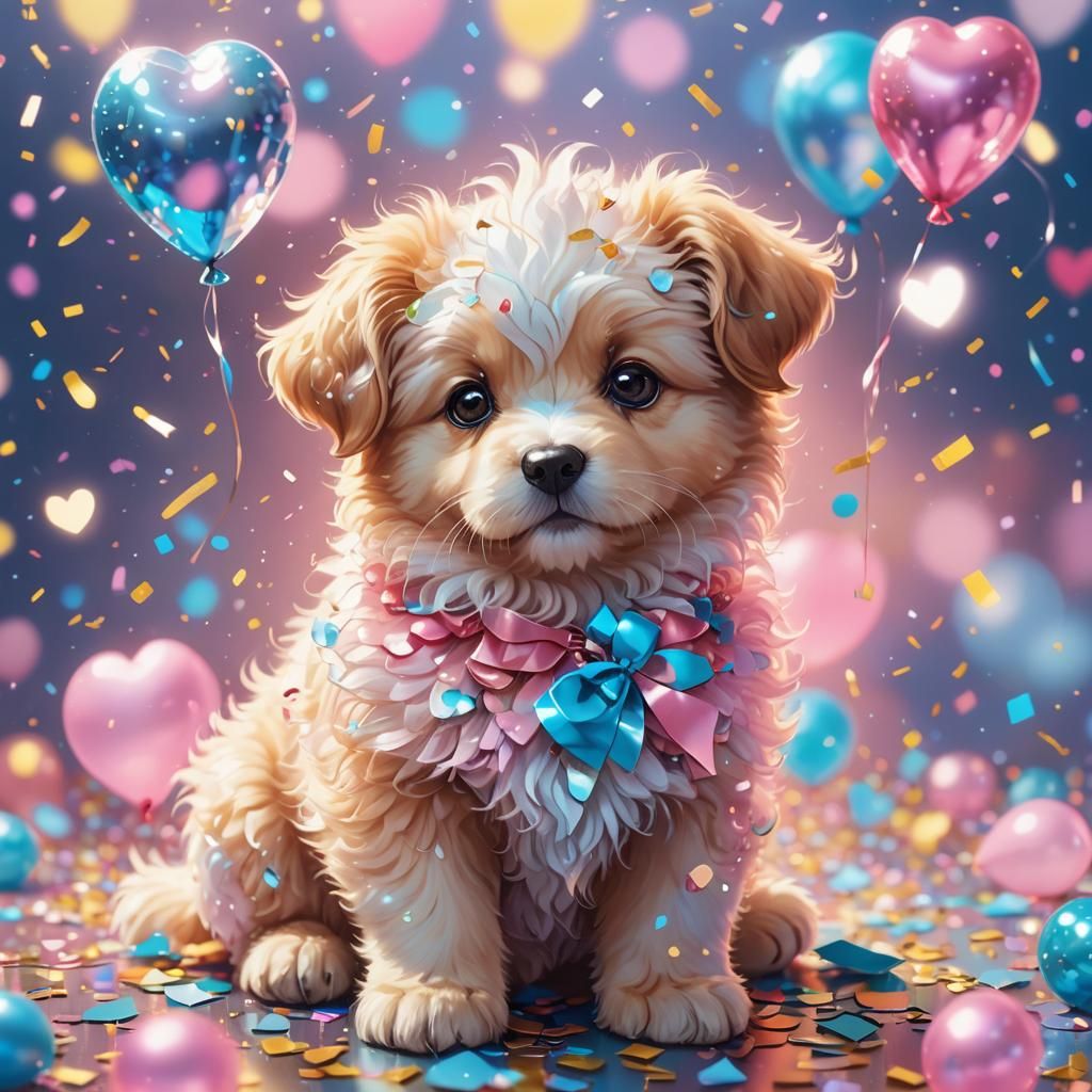 Cute Puppy with Heart Balloon in Anime Style