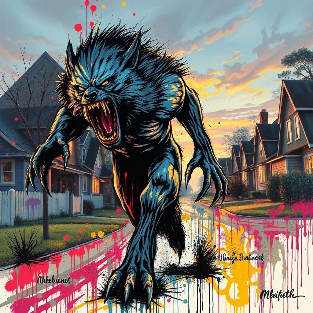 Werewolf Chaos in Suburbia: Ink Splatter Art