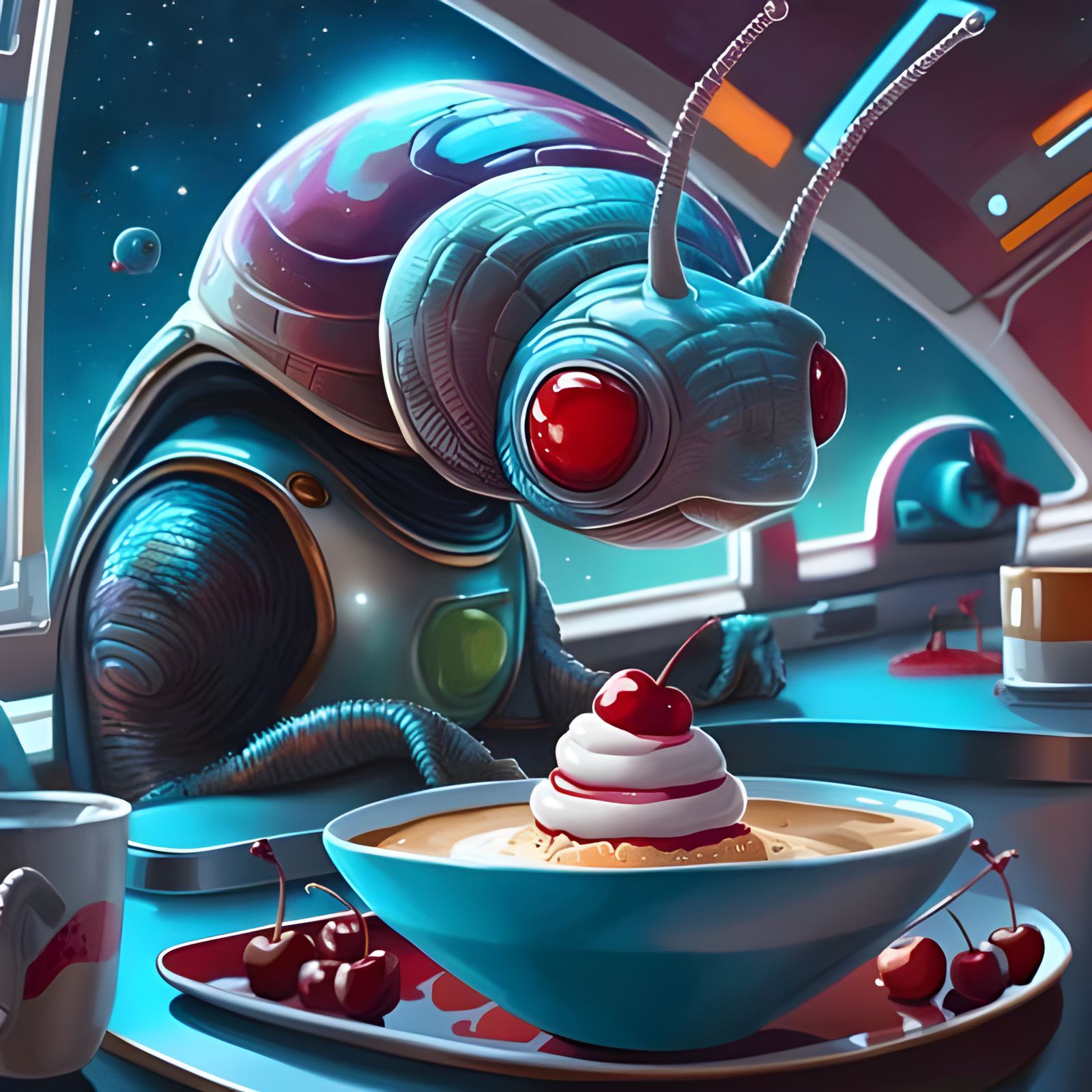 Snail Alien's Futuristic Coffee Shop at Universe's End