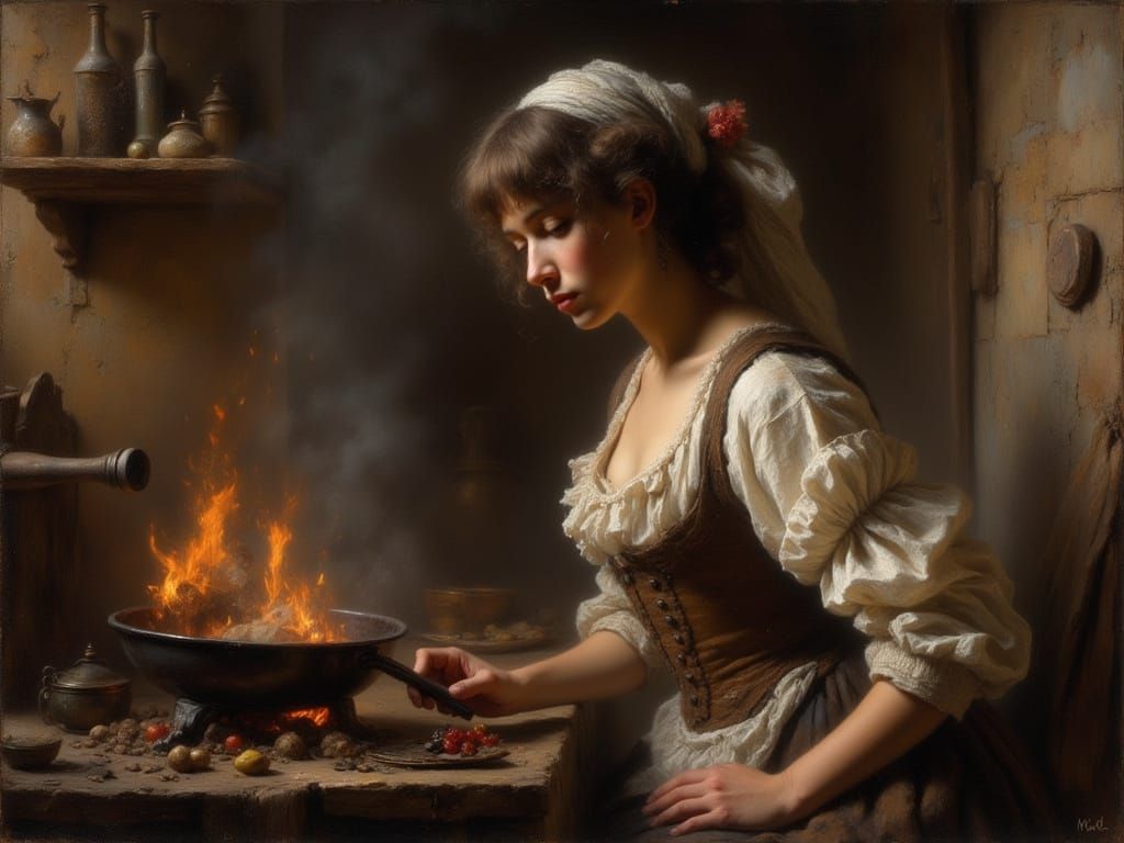 Woman Cooking in 17th-Century Kitchen in Classical Painting ...