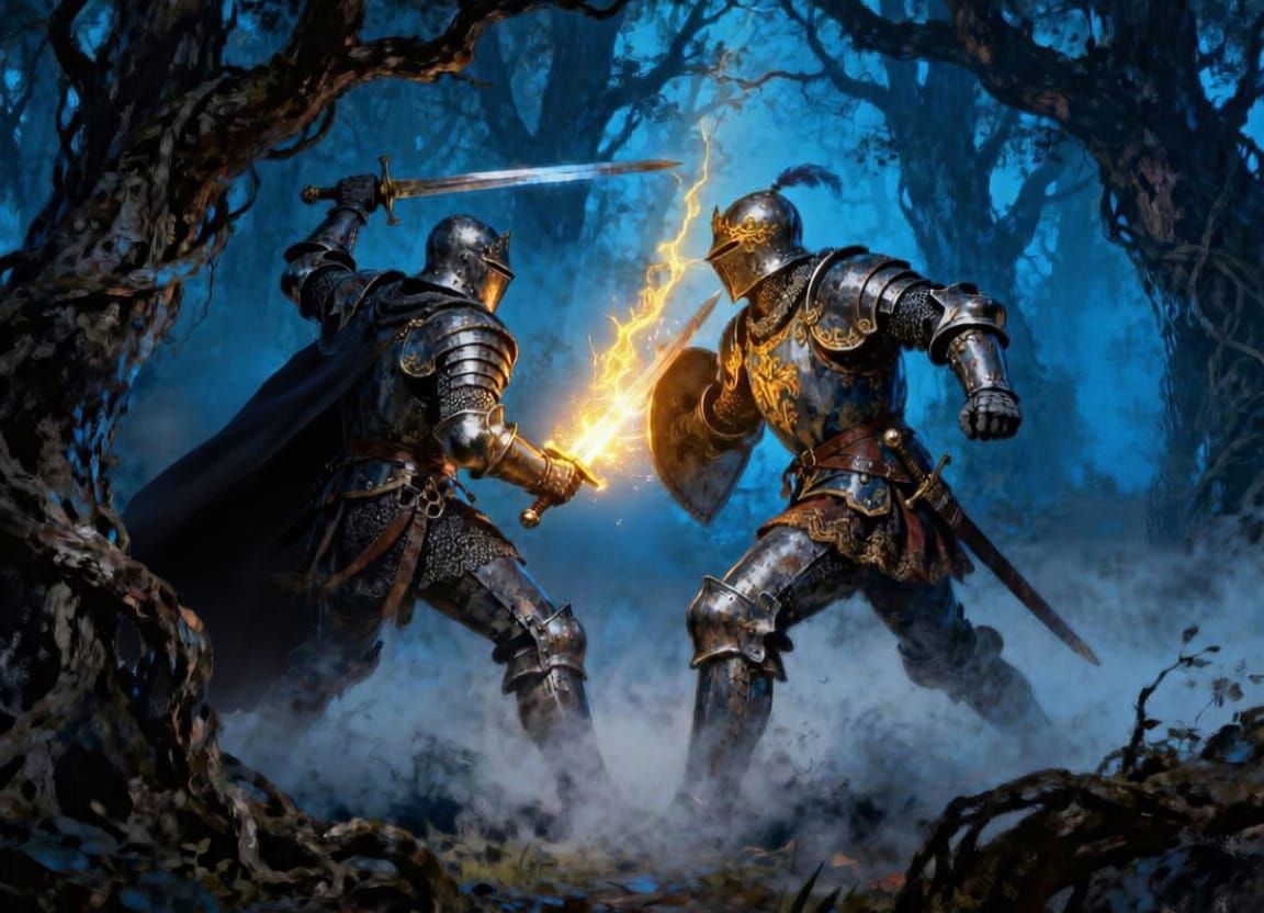 Knights Clash in Misty Forest, Fantasy Illustration