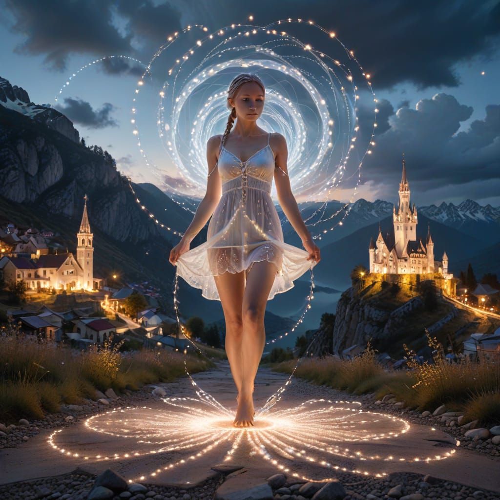 Ethereal Woman in Light-Filled Gothic Landscape
