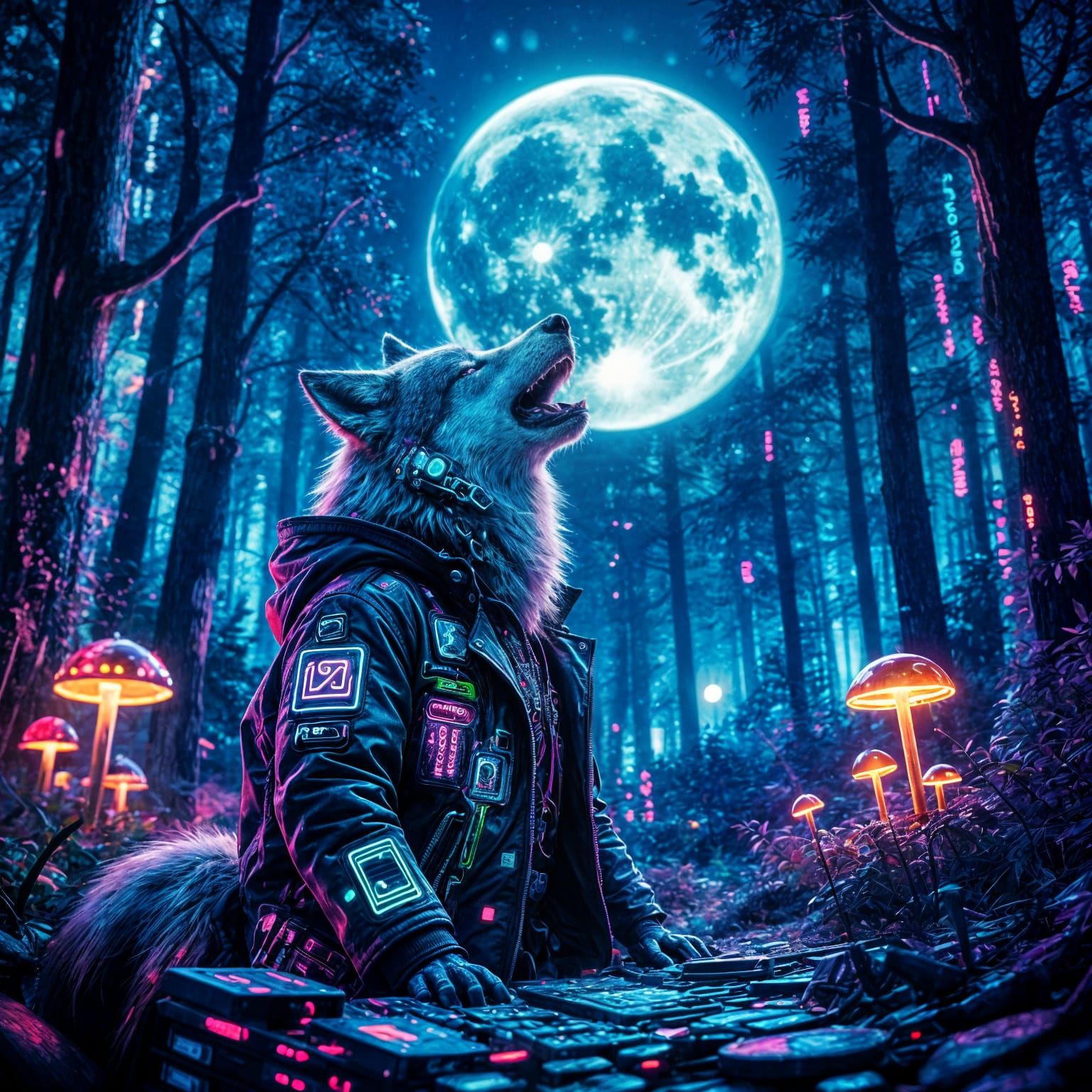 Cyberpunk Wolf Howls at Binary Moon in Glitch Art