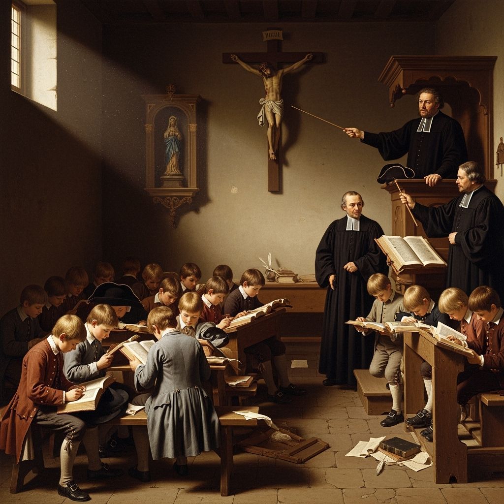 Baroque Classroom Scene with Religious Shrine