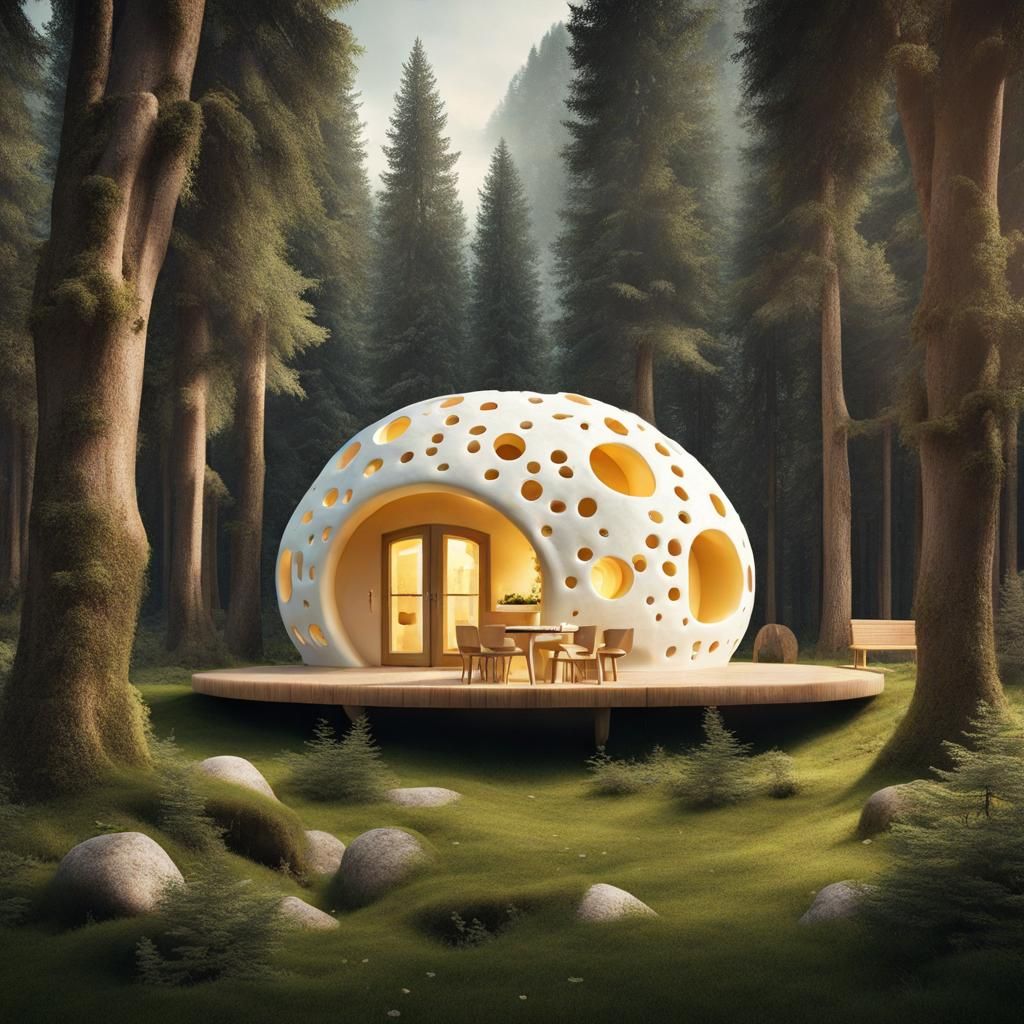 Whimsical Swiss Cheese Cottage in Forest