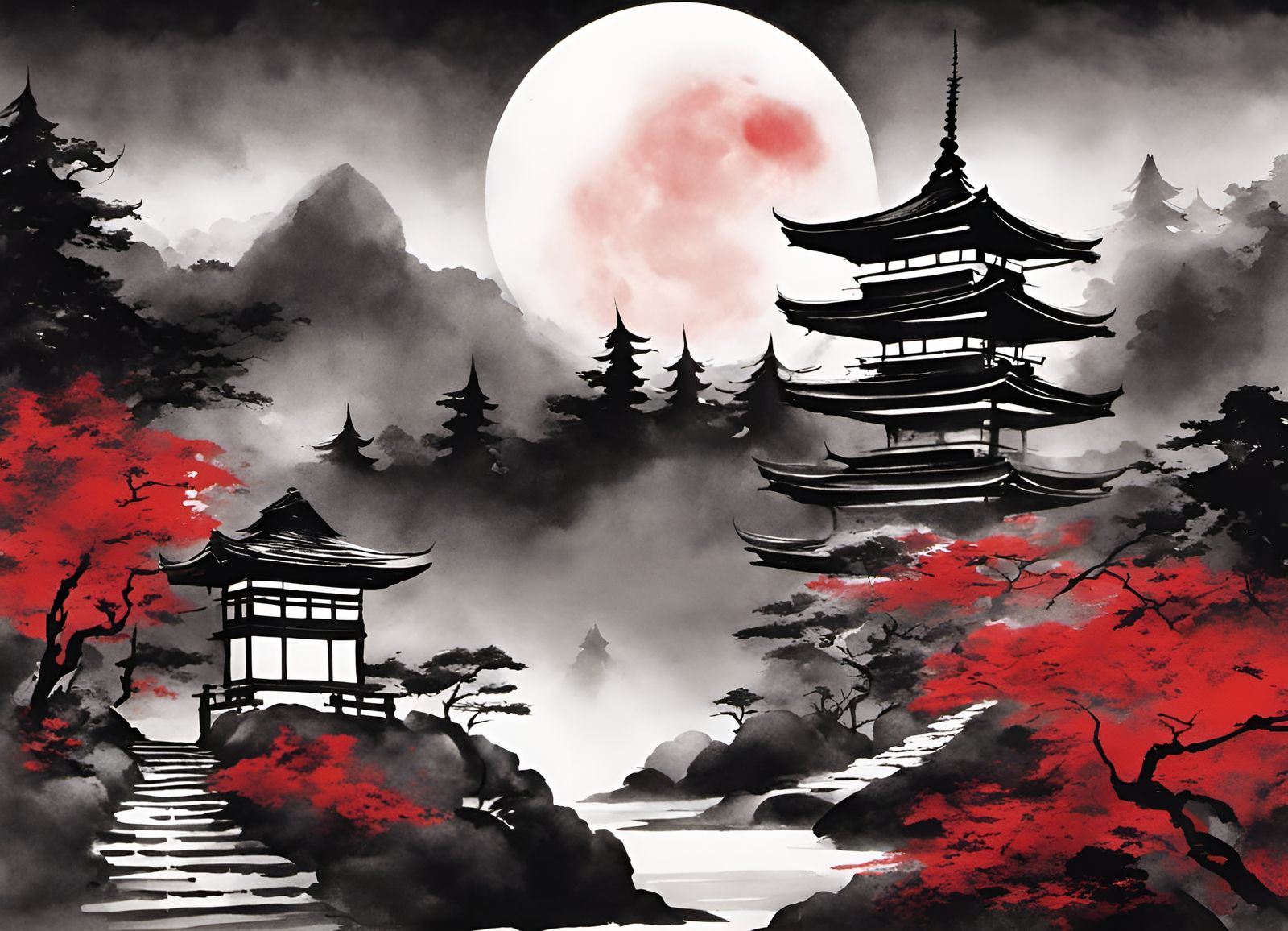 Mysterious Sumi-e Garden Under a Blood Moon