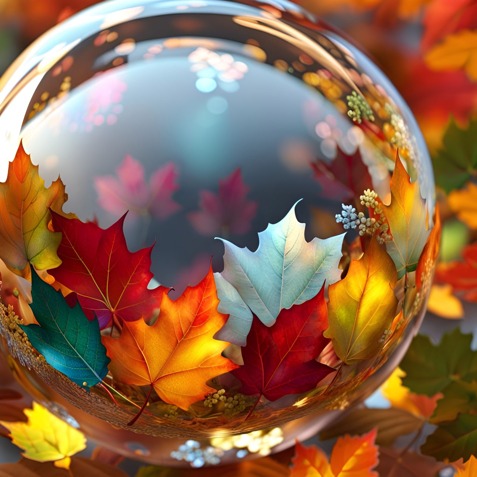 Autumn Maple Leaves in Glass Sphere, Glitter Effect