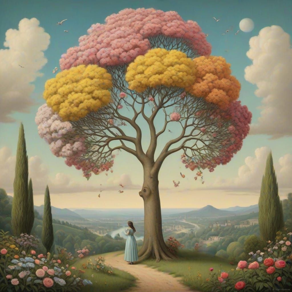 Vibrant Tree Blossom Arc Painting in Pastel Hues