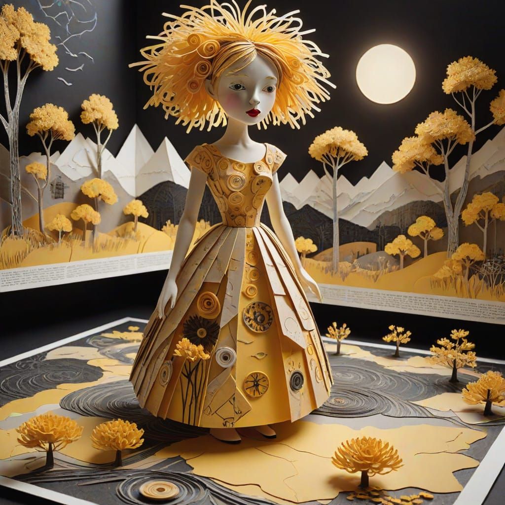 Golden Autumnal Landscape with Dancer in Folk-Art Style