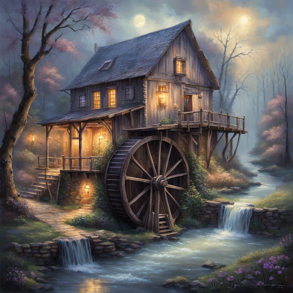 Serene Waterwheel in Ethereal Night Rain
