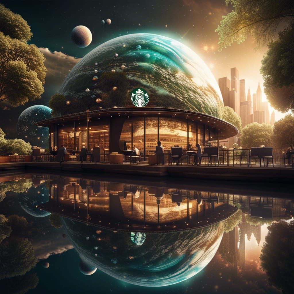 Utopian Starbucks Coffee Shop with Planets