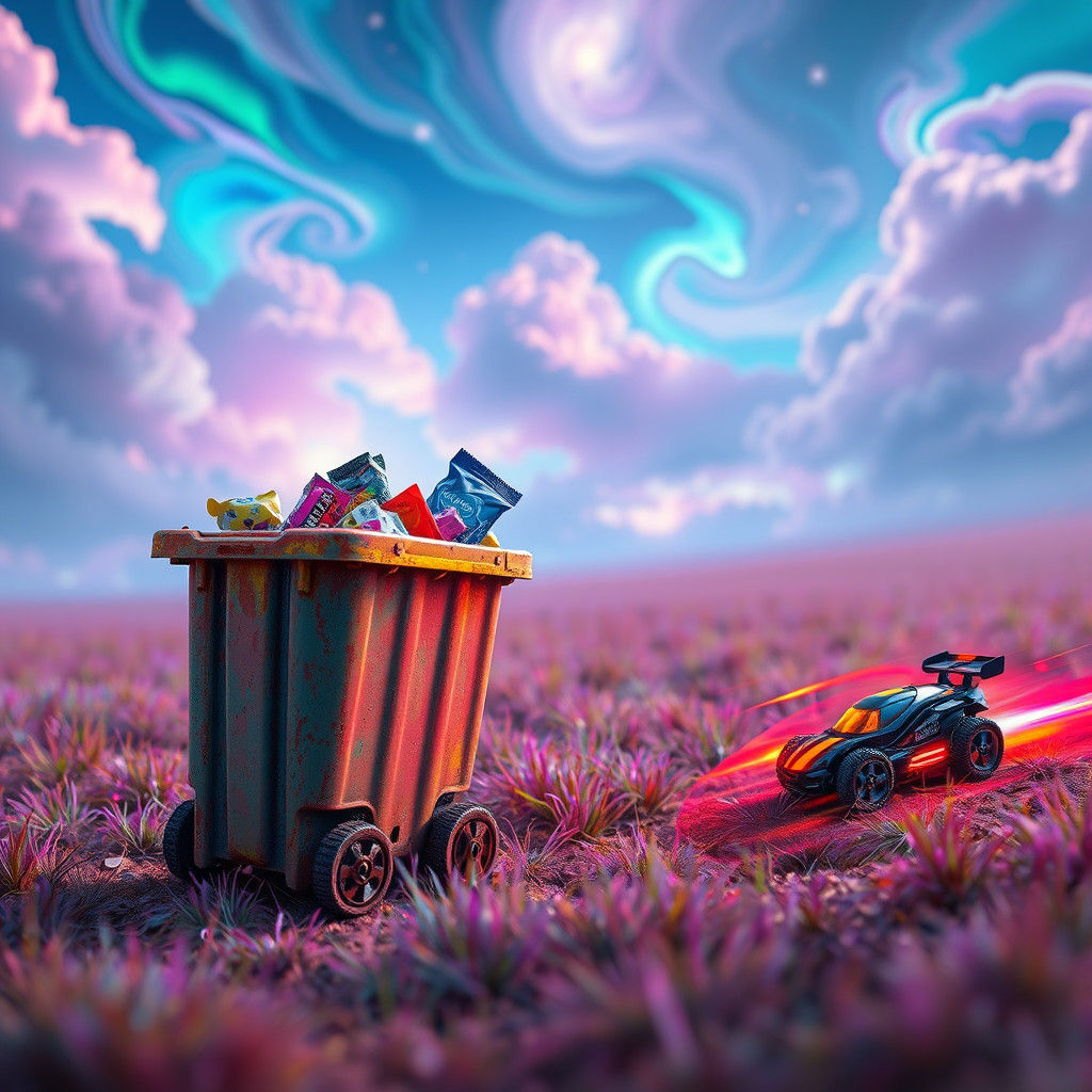 Psychedelic Dreamscape: Discarded Toys in Surreal Landscape