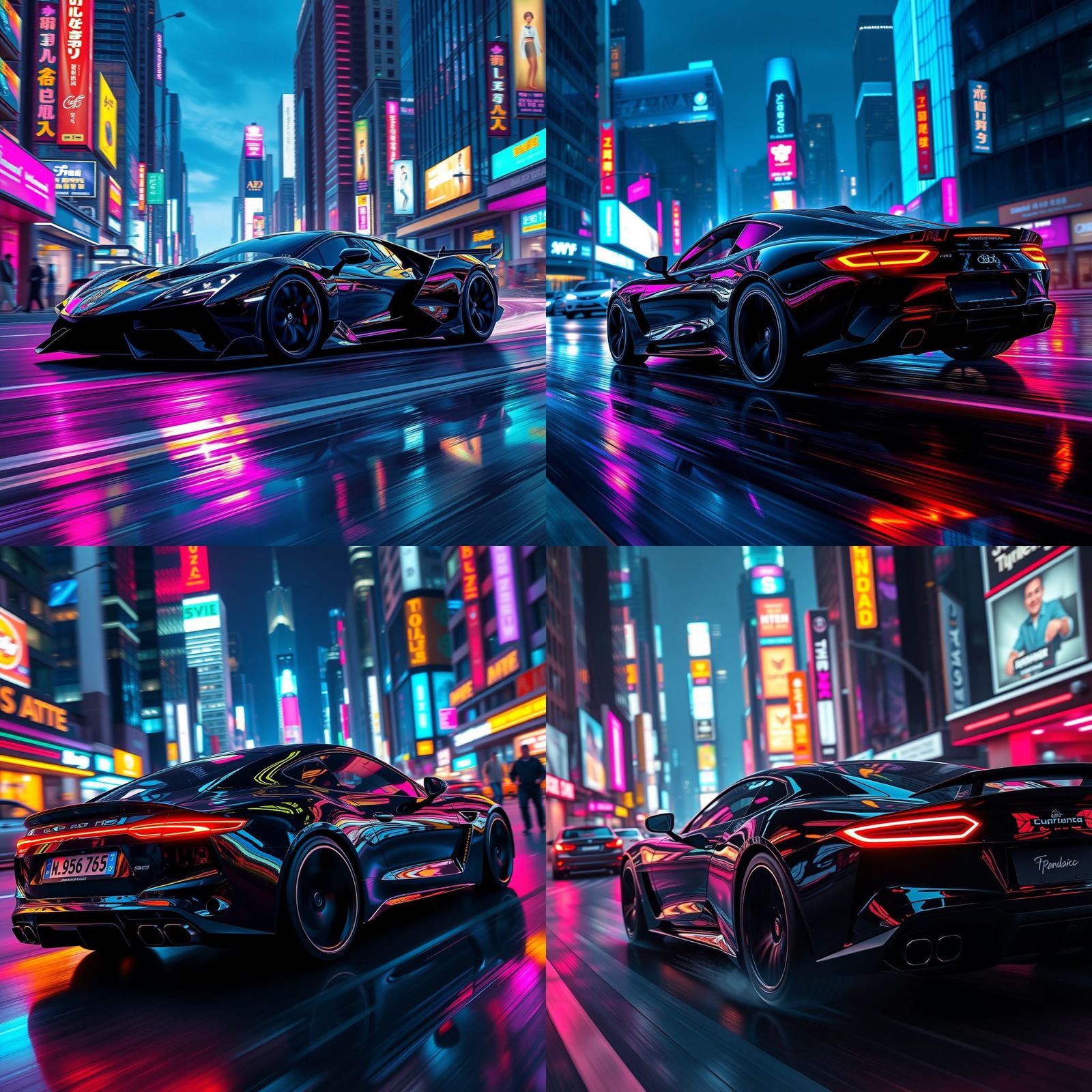 Luxury Car Driving Through Neon City at Night