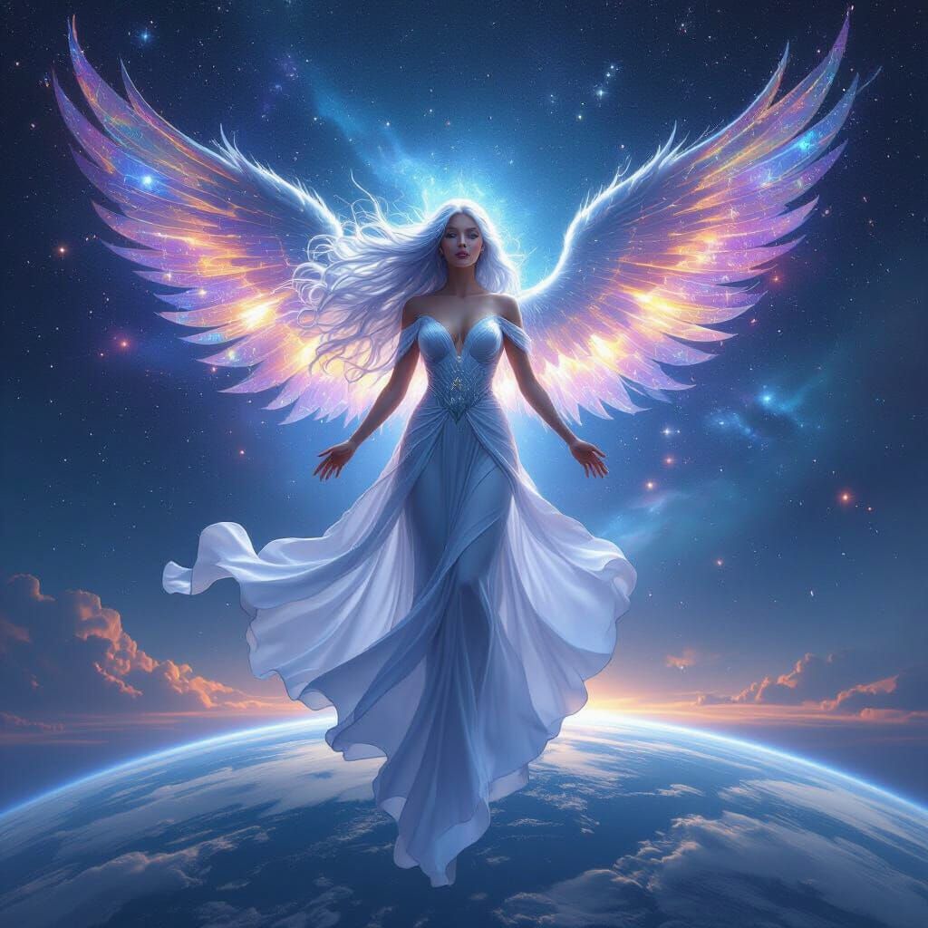 Cosmic Goddess Above Earth With Nebula Wings