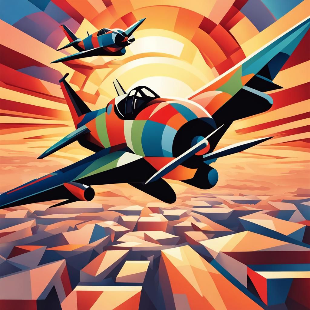 Fighter Aircraft at Sunset in Cubist Style