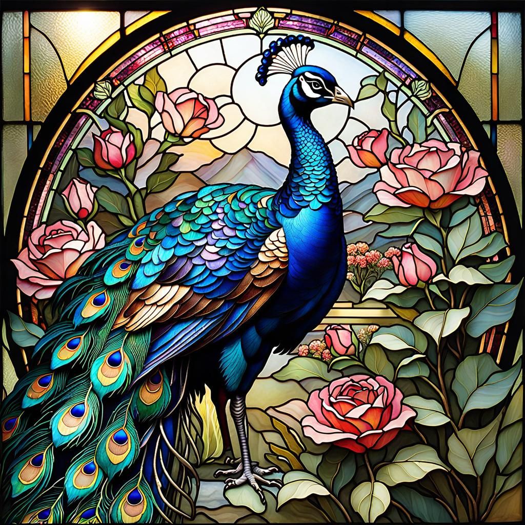 Art Deco Stained Glass Peacock in Rose Garden