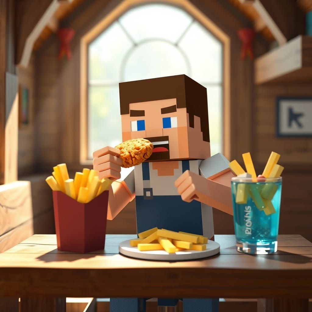 Blocky Minecraft Character Steve in Cozy Dining Scene