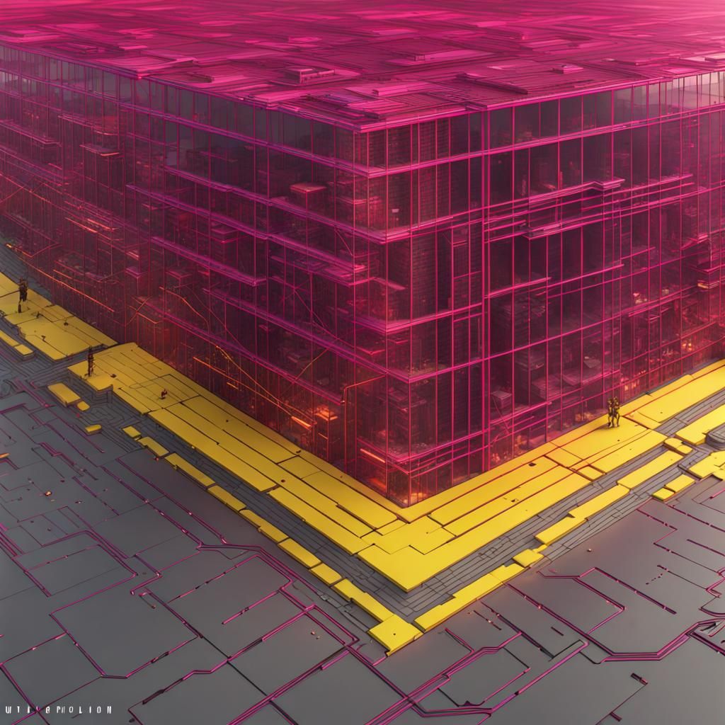 Intricate Pink and Yellow Grid Over Building Schematic