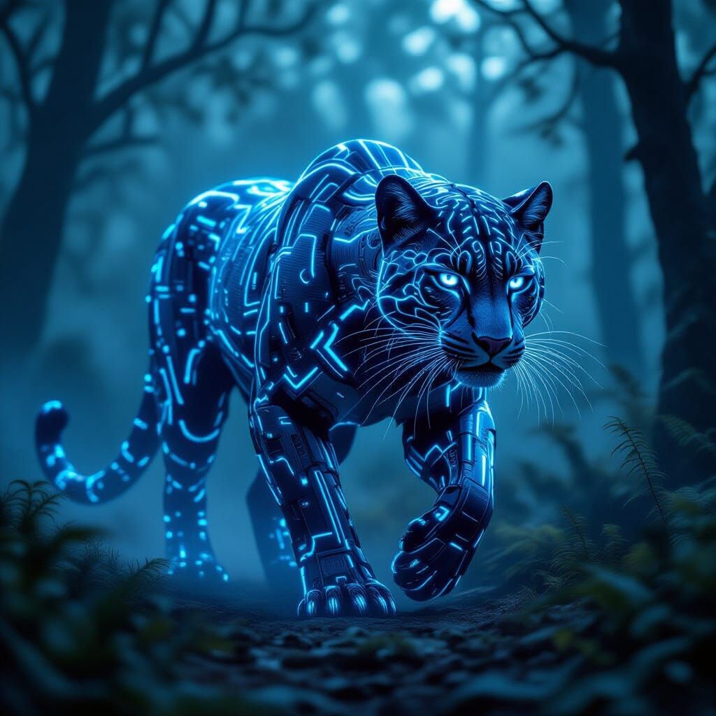 Bioluminescent Biomechanical Panther in Dark Sci-Fi Style