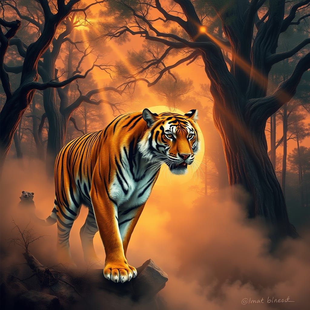 Regal Tiger Emerges from Ancient Forest at Sunset