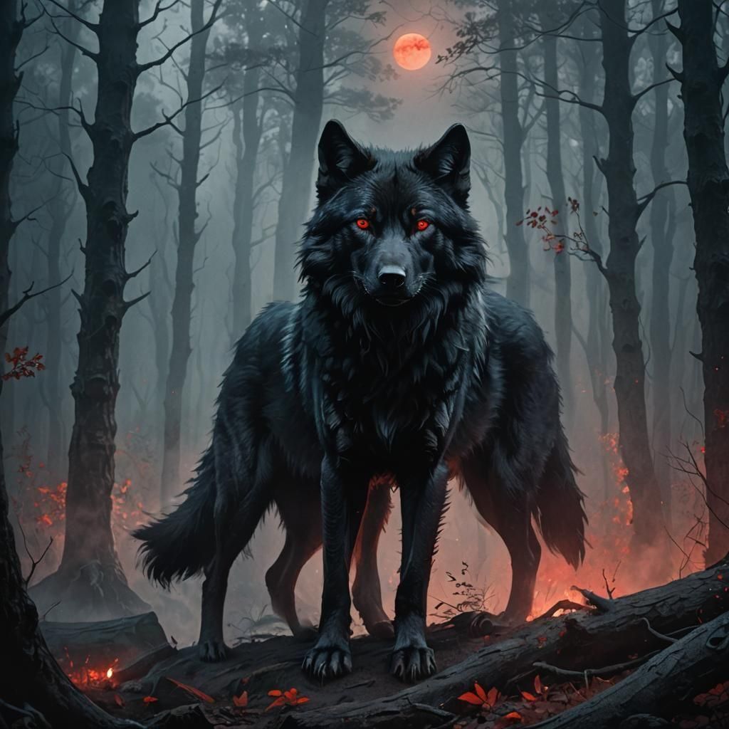 Majestic Black Wolf with Red Eyes