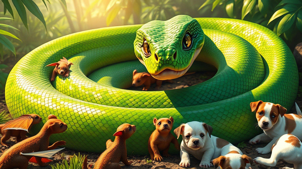 Emerald Serpent with Jungle Babies, Digital Art