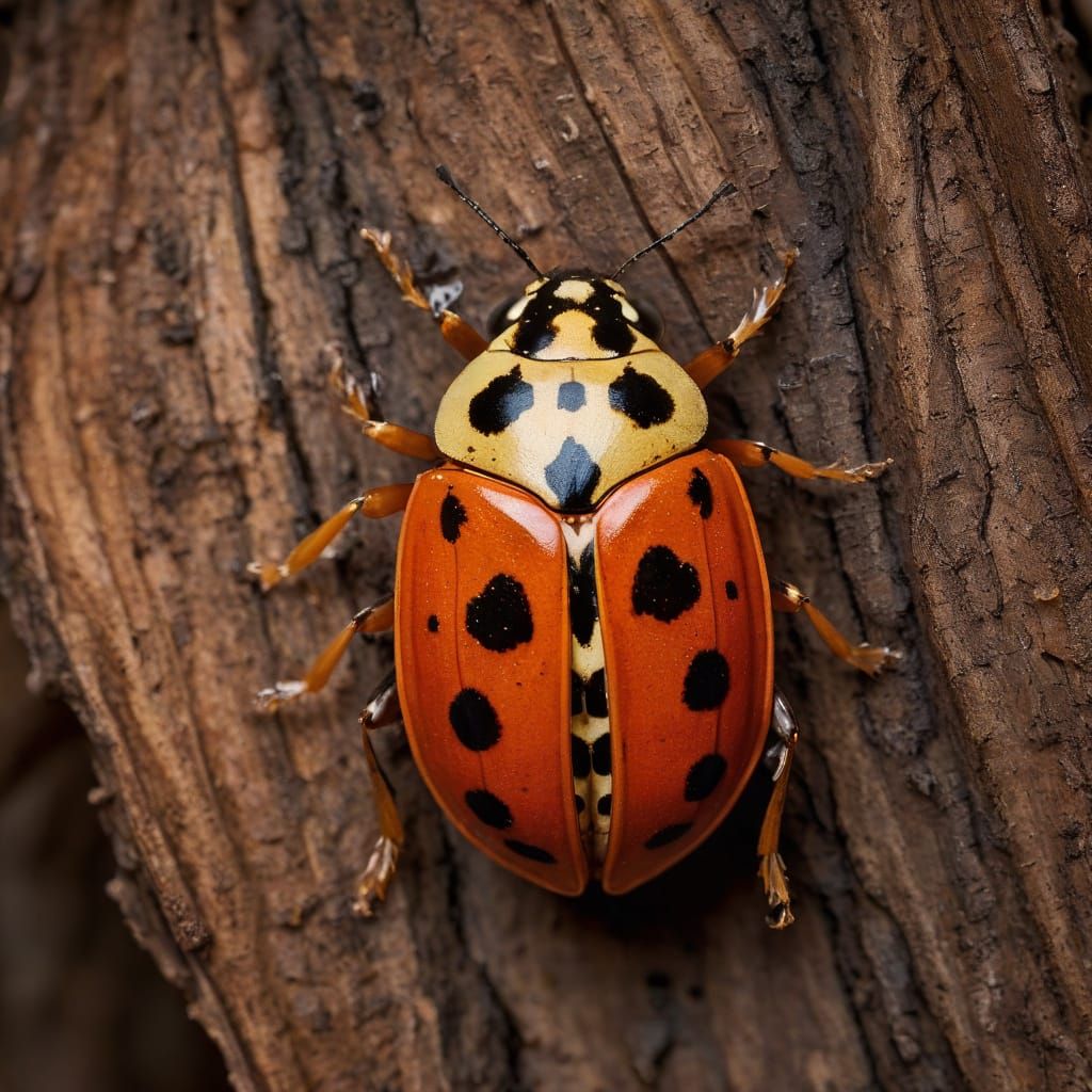 Macro Photograph of a Vibrant Ladybug on Bark