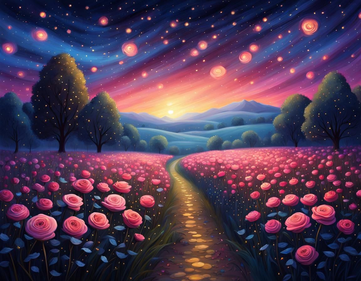 Dreamy Field of Roses under Starry Night