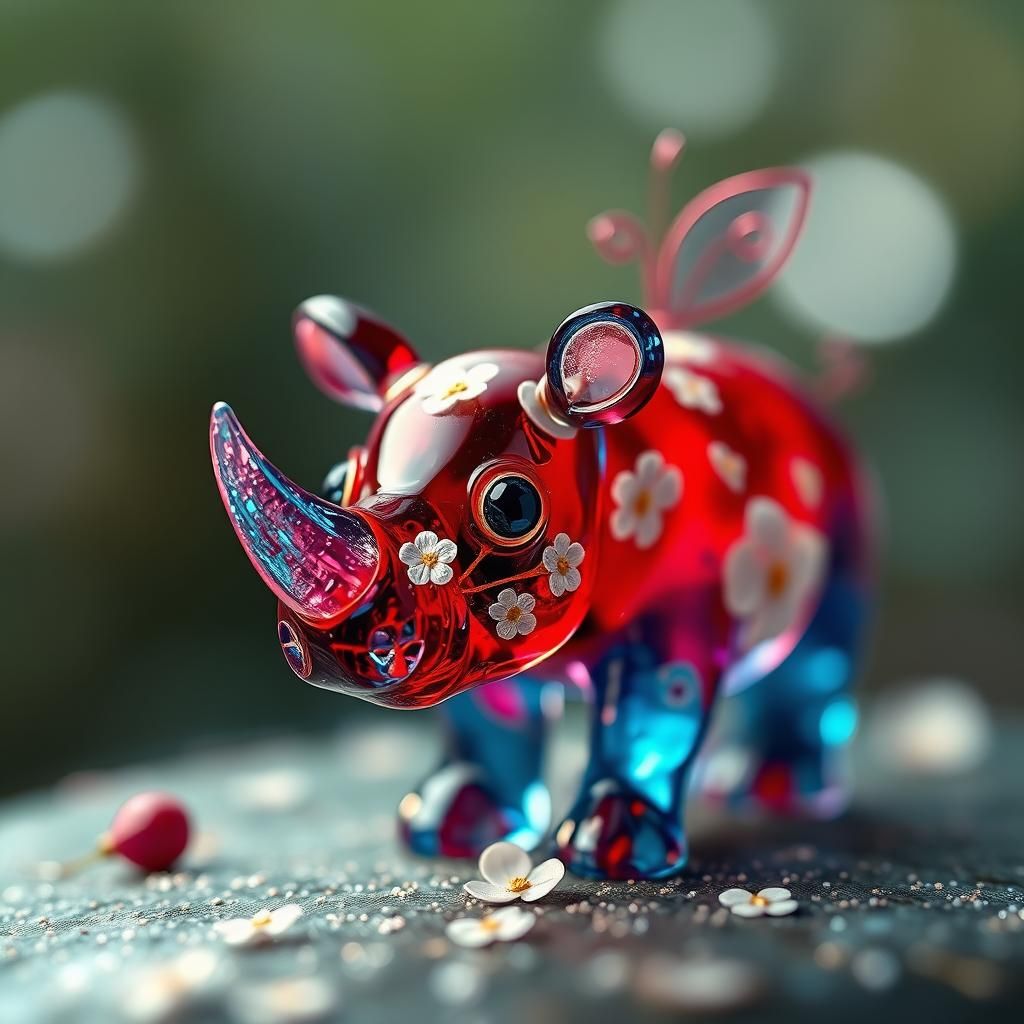 Glass Rhinoceros with Flowers and Shimmering Eyes