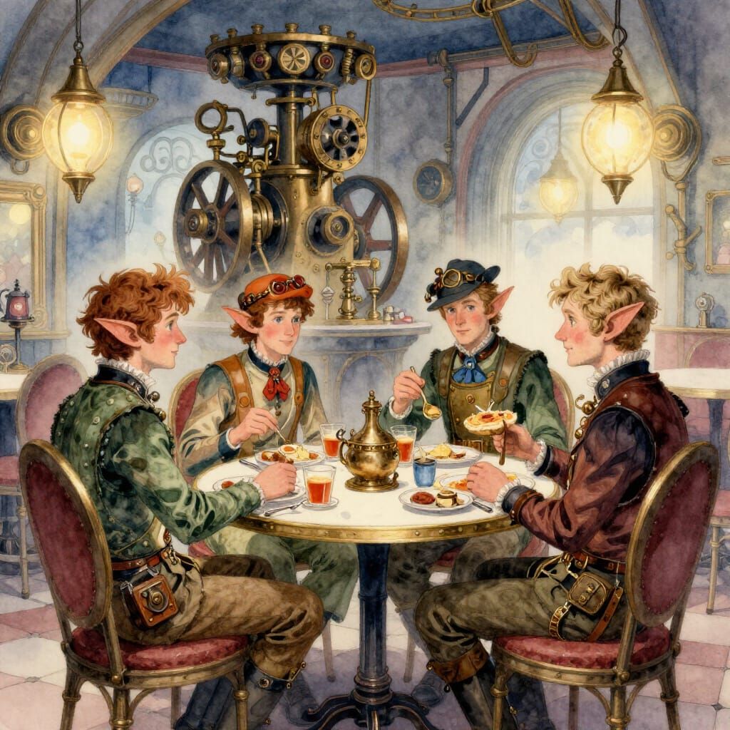 Victorian Steampunk Elves Breakfast in Bioluminescent Diner