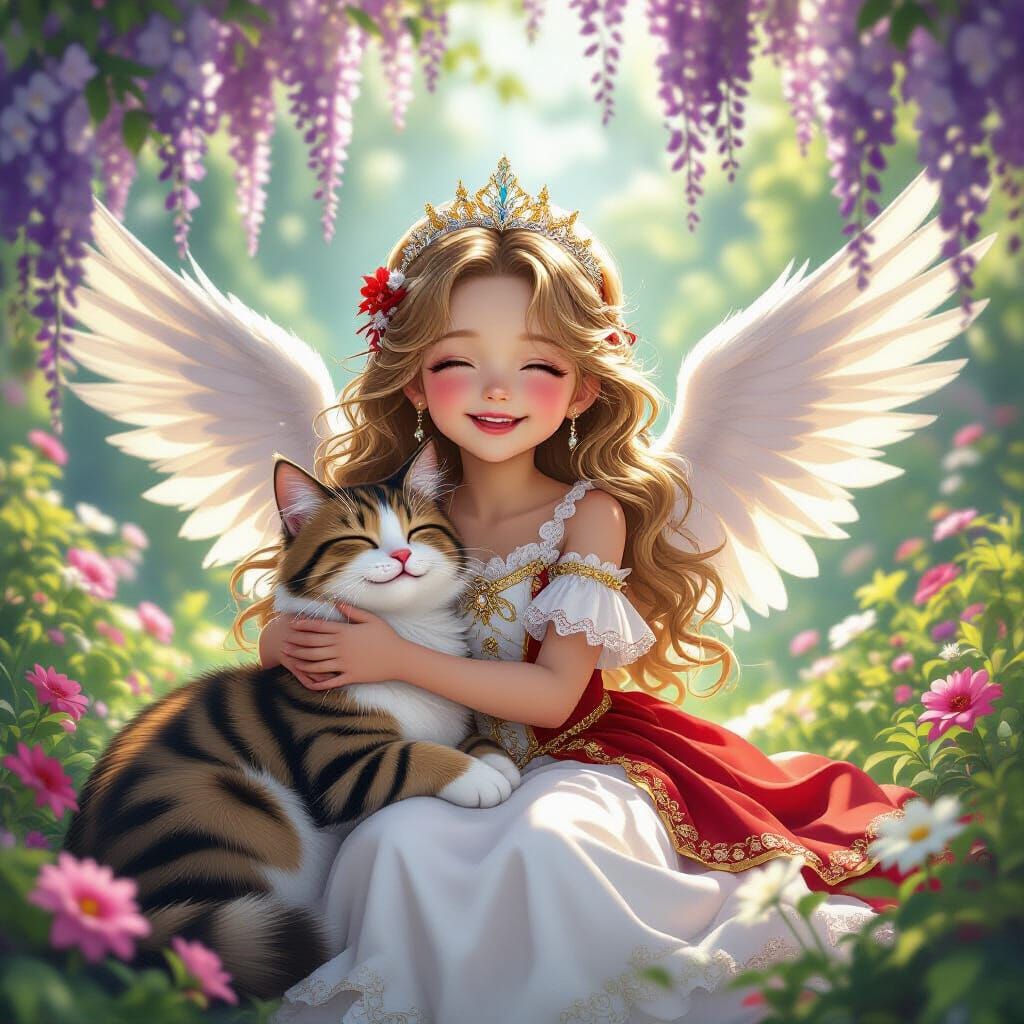Angel Hugs Tabby Cat in Wisteria Garden
