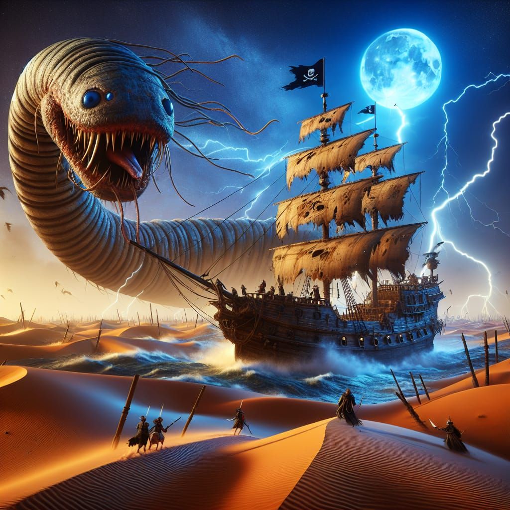 Pirate Ship in Desert Sandstorm with Sandworm