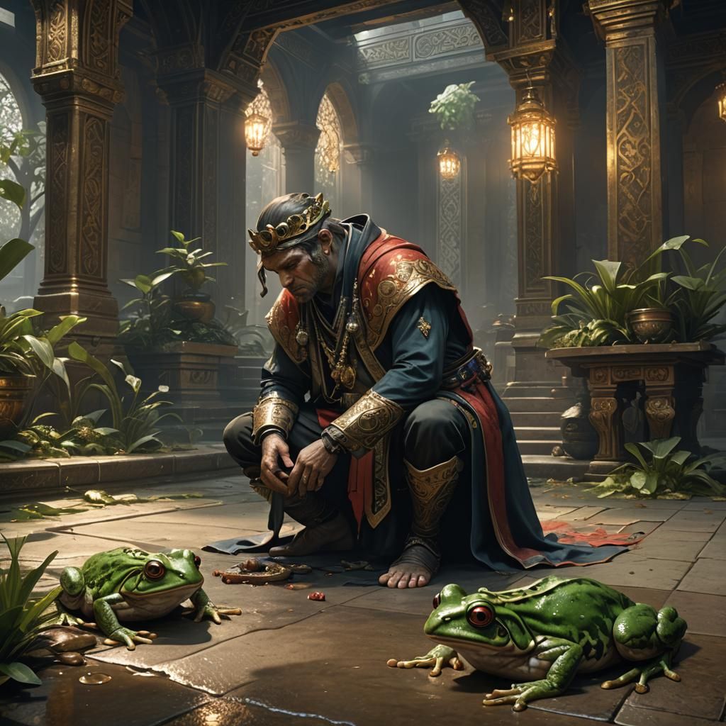 Man Vomiting with Frog in Dark Fantasy Style