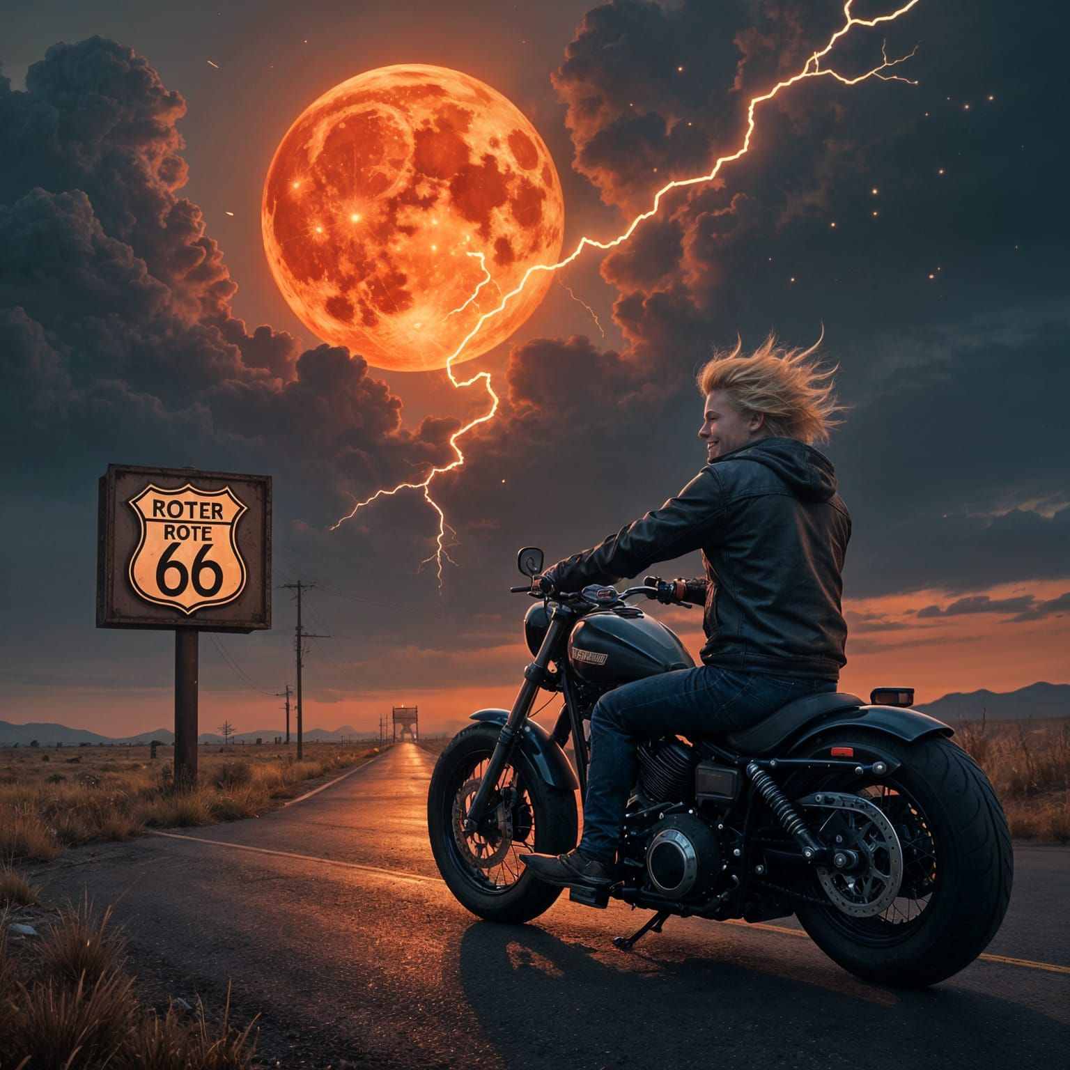 Mystical Biker Rides into a Gargantuan Crimson Moonlit Night