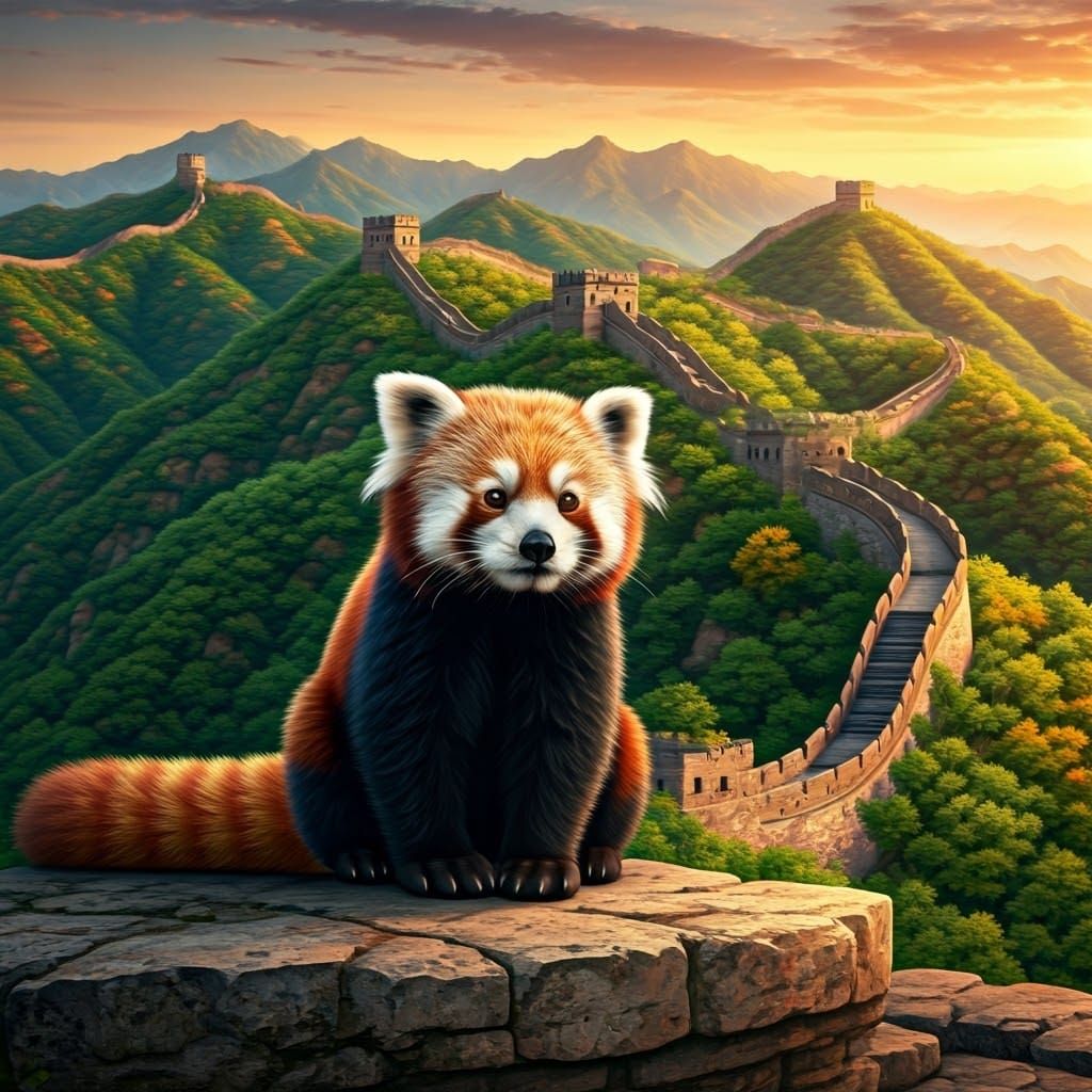 Red Panda Overlooking The Great Wall at Sunrise