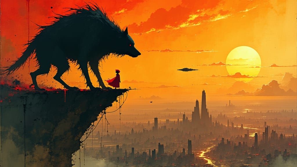 Red Riding Hood Contemplates Apocalypse on Cliff