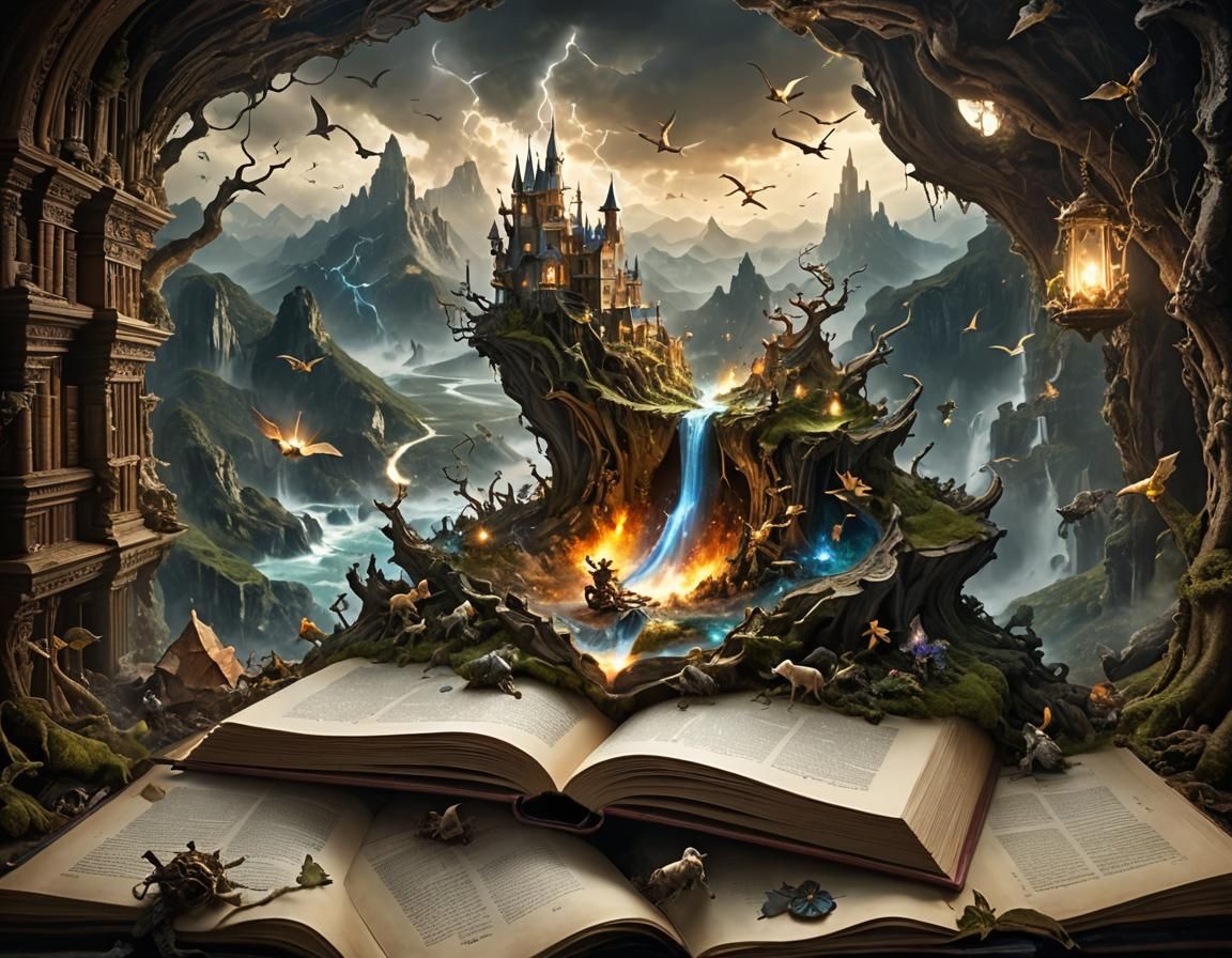 Fantasy World Exploding from Book, Digital Illustration