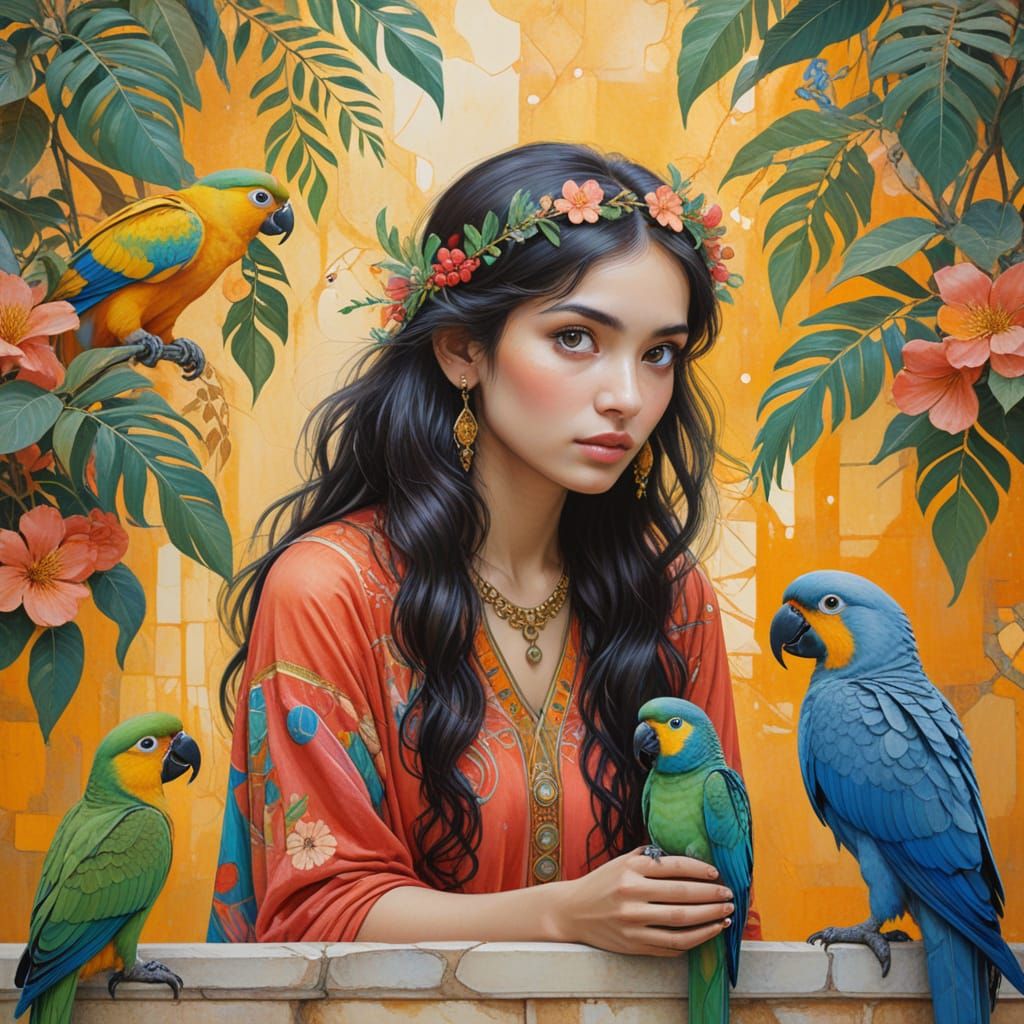 Indian Girl with Parrots in Watercolor Art Style