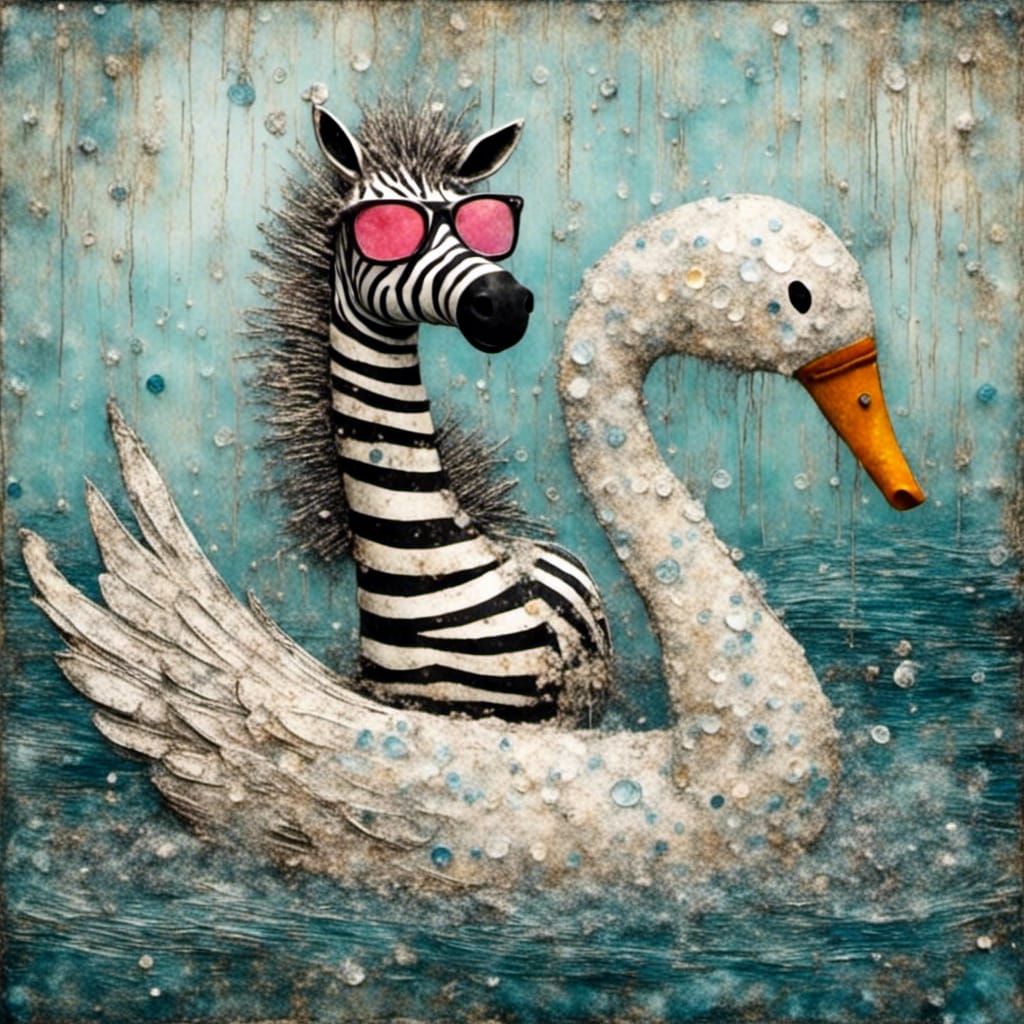 Whimsical Zebra in Swan Float as Mixed Media Collage